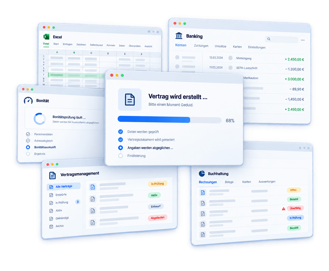Verteilte Einzelsysteme: Excel, Banking, Bonitätsprüfung, Vertragsmanagement und Buchhaltung nebeneinander