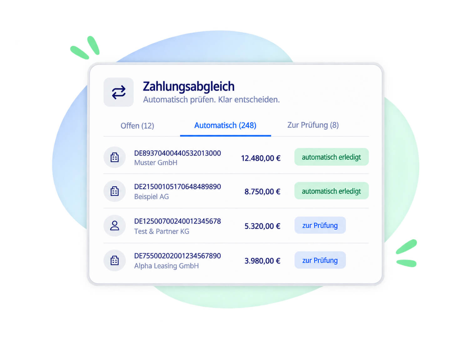 Zahlungsabgleich mit automatisch erledigten Zahlungen und Fällen zur Prüfung